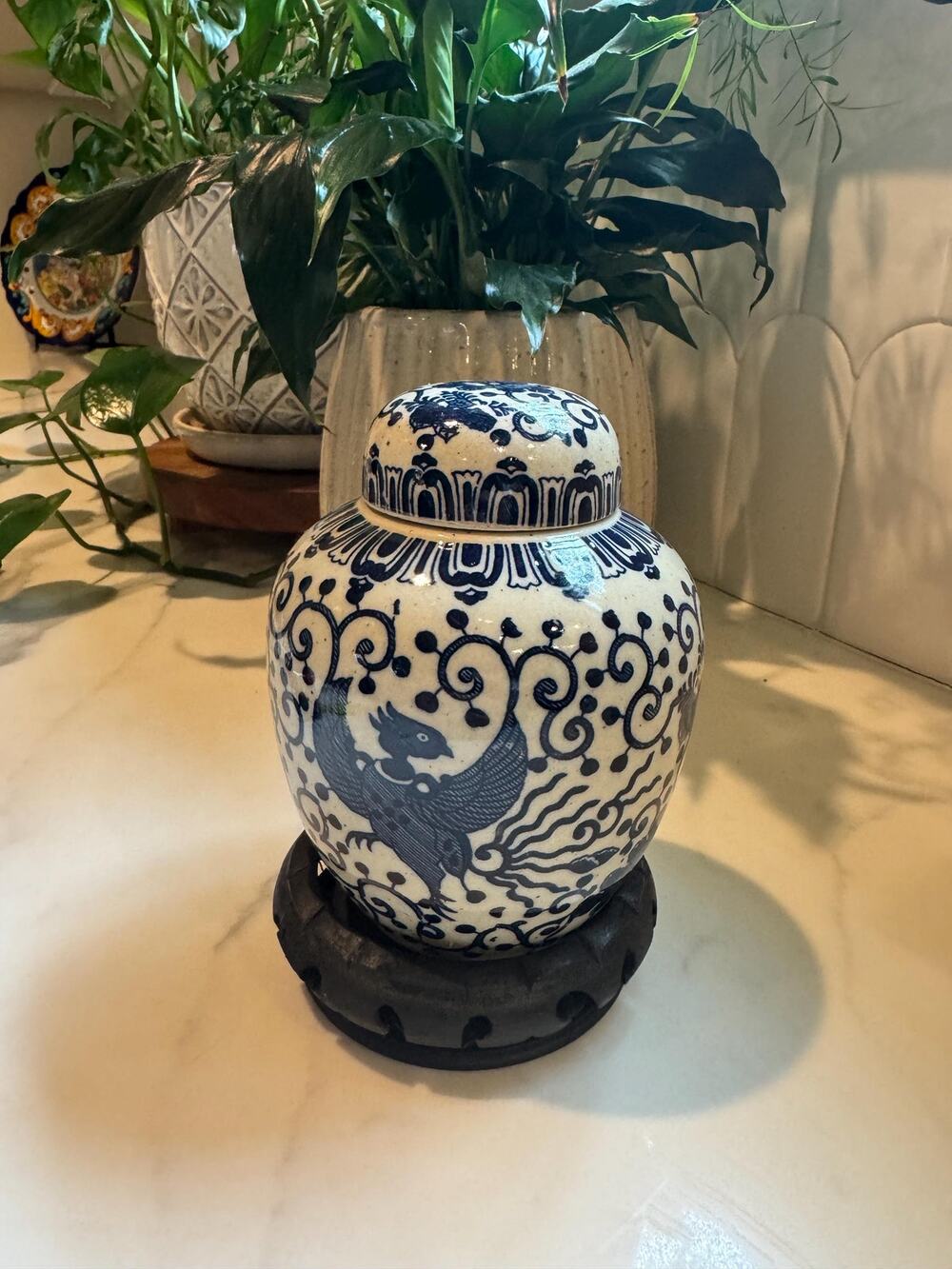 Vintage Chinoiserie Cobalt Blue and White Phoenix Porcelain Ginger Jar
